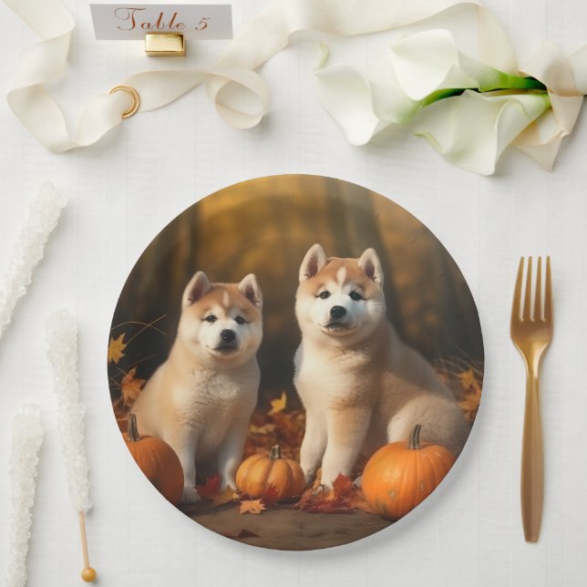 Assiettes En Carton Akita Puppy Citrouille d'automne (Mariage)