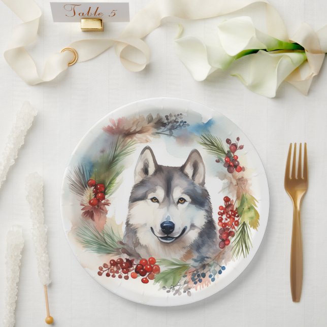 Assiettes En Carton Alaskan Malamute Festive de la couronne de Noël (Mariage)