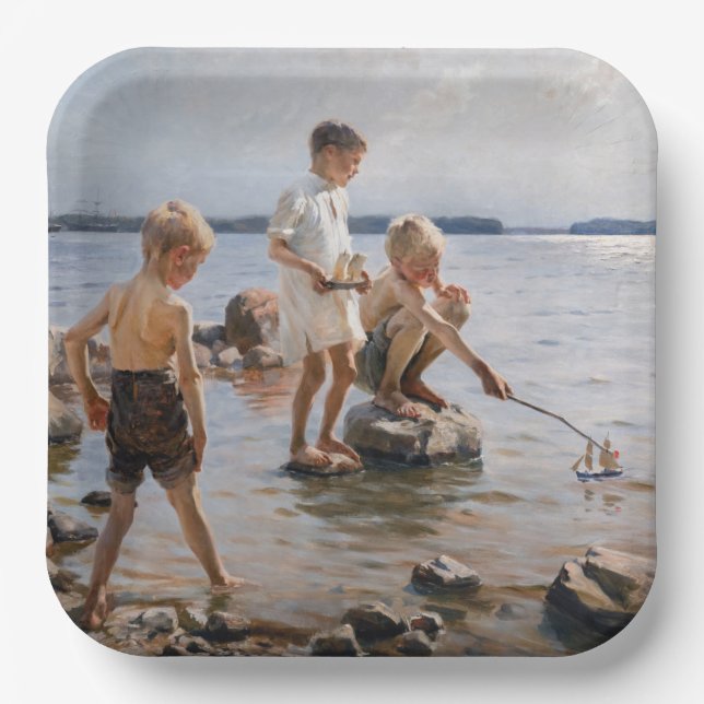 Assiettes En Carton Albert Edelfeue - Les garçons jouent sur le rivage (Recto)