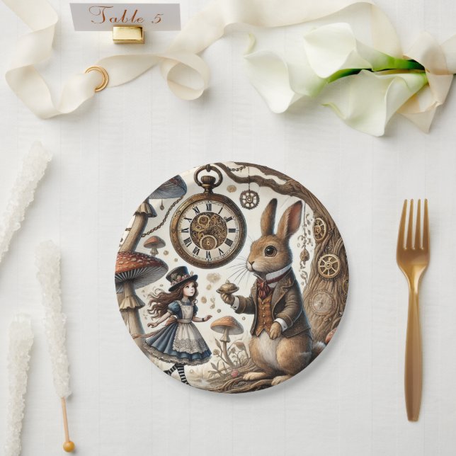 Assiettes En Carton Alice au pays des merveilles Thé Art lapin blanc (Mariage)