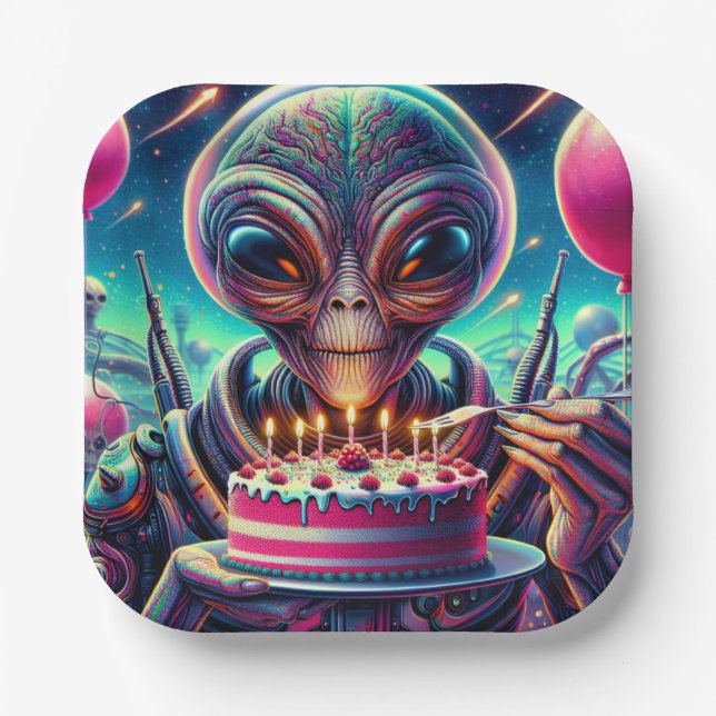 Assiettes En Carton Alien extraterrestre mangeant Anniversaire Gâteau (Recto)