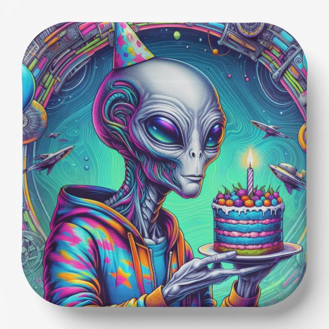 Assiettes En Carton Alien tenant Birthday Cake (Recto)