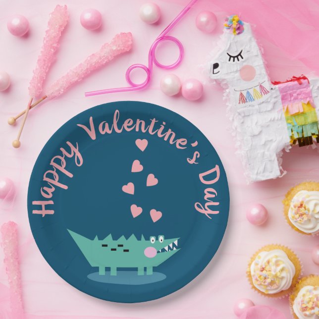 Assiettes En Carton Alligator Valentines Coeurs de jour rose (Fête)