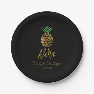 Assiettes En Carton Aloha ananas hawaïen tropical épousant le noir