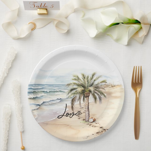 Assiettes En Carton Aloha Beach Tropical Cocots Palm Tree (Mariage)