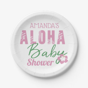 Assiettes En Carton Aloha Bébé rose et vert Baby shower tropical fille