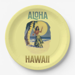 Assiettes En Carton Aloha Hawaii Vintage Hula Girl  