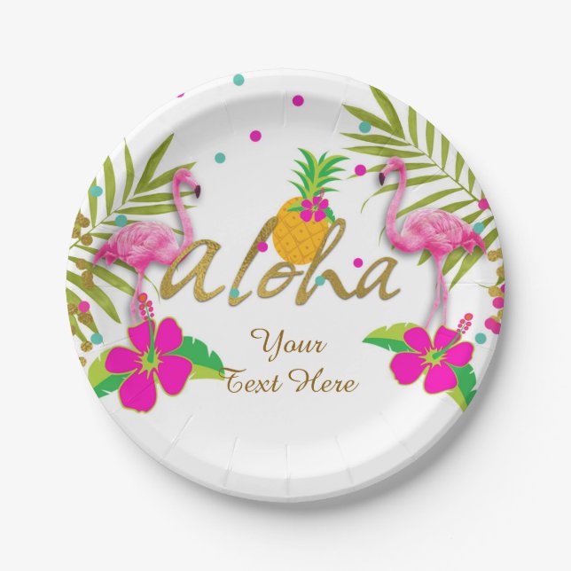 Assiettes En Carton Aloha Luau Filles Flamant rose tropical fête d'ann (Devant)