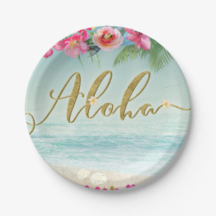 Assiettes En Carton ALOHA Or Gold Tropical Beach Hibiscus Fleurs Flora