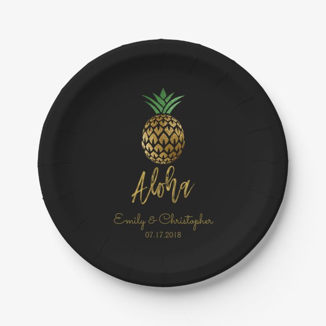 Assiettes En Carton Aloha Tropical Hawaiian Mariage d'ananas noir (Devant)