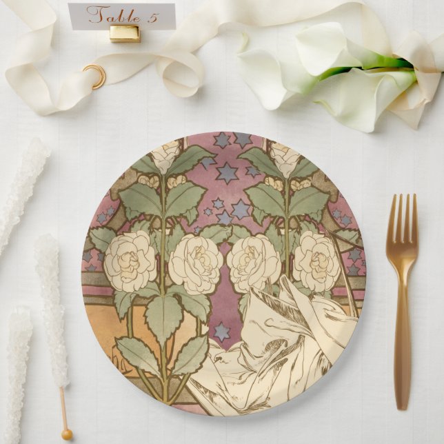 Assiettes En Carton Alphonse Mucha Elegant Art Nouveau Stars Camellia  (Mariage)