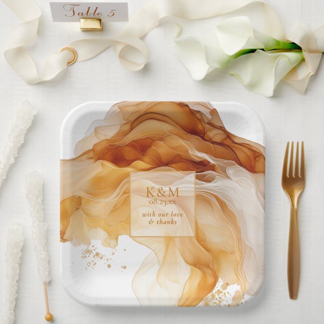 Assiettes En Carton Amber Brandy Abstrait Ink Mariage ID1089 (Mariage)