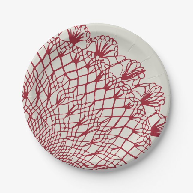 Assiettes En Carton American Doily & Lace, 10 ans, Red on Cream (Devant)