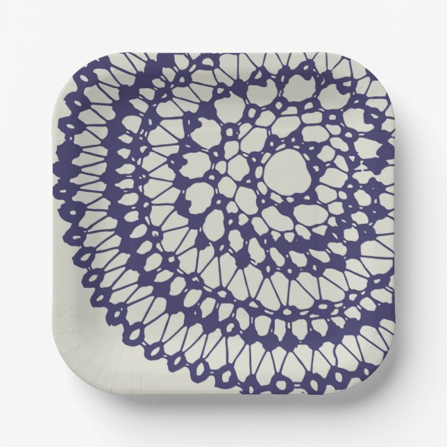 Assiettes En Carton American Doily & Lace, 1, Bleu Sur Crème (Recto)