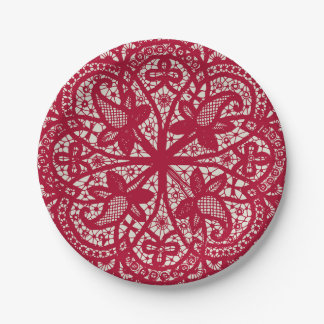 Assiettes En Carton American Doily & Lace, 6, Rouge On Cream