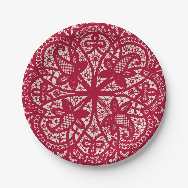 Assiettes En Carton American Doily & Lace, 6, Rouge On Cream (Devant)