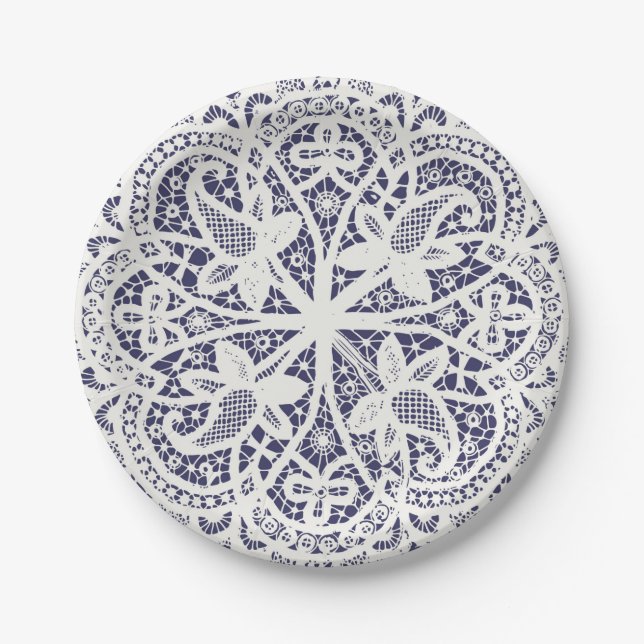 Assiettes En Carton American Doily & Lace, 8, Crème sur bleu (Devant)
