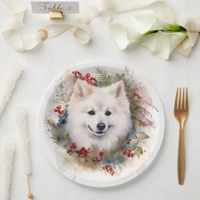 Assiettes En Carton American Eskimo Christmas Wreath Festive Pup (Mariage)