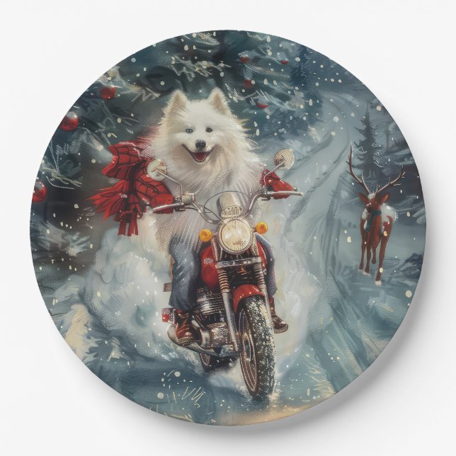 Assiettes En Carton American Eskimo Dog équitation moto Noël (Devant)
