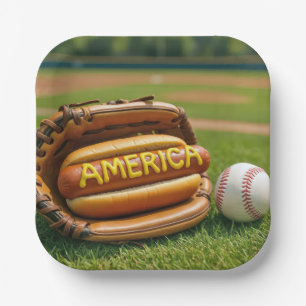 Assiettes En Carton American Hot Dog dans un gant de baseball