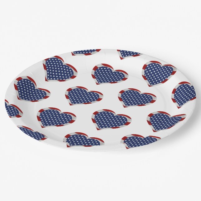 Assiettes En Carton American Stars and Stripes Hearts Patriotique (Angle)