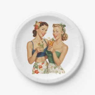 Assiettes En Carton Amis du cocktail d'été pin-up vintage