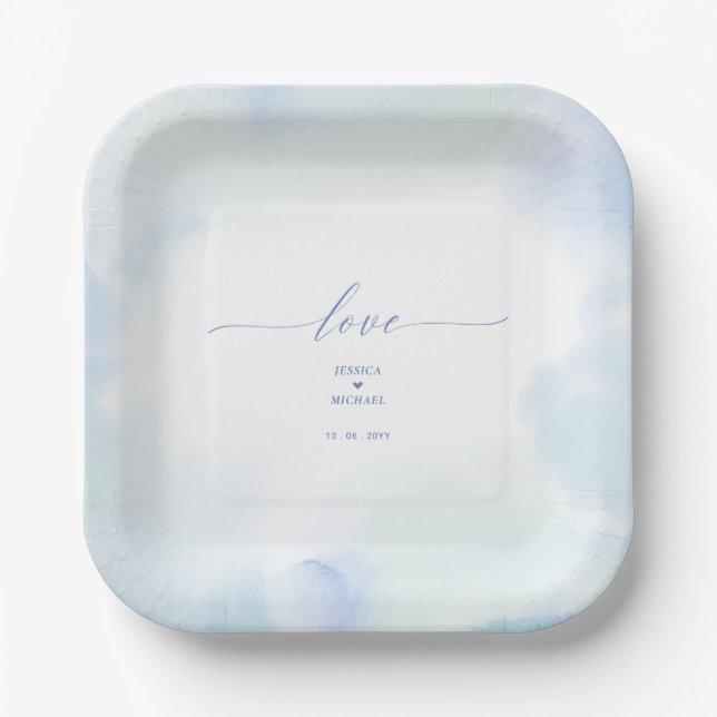 Assiettes En Carton Amour | Coeur bleu et Mariage aquarelle (Recto)