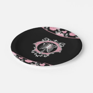 Assiettes En Carton Amour gothique Squelette rose et noir Coeur flor