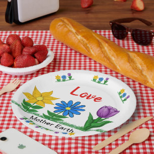 Assiettes En Carton Amour Mère Terre Fleurs Jardin Blanc