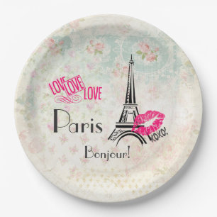 Assiettes En Carton Amour Paris avec Tour Eiffel en Motif Vintage