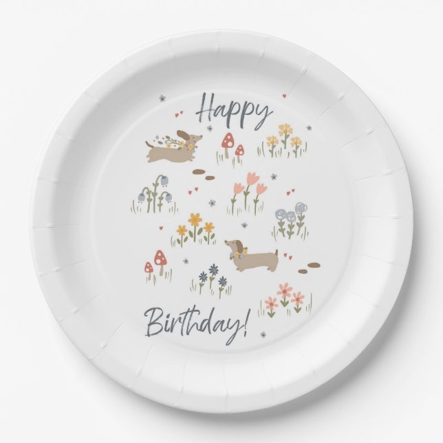 Assiettes En Carton Amoureux de Dachshund Bonne fête florale d'anniver (Devant)