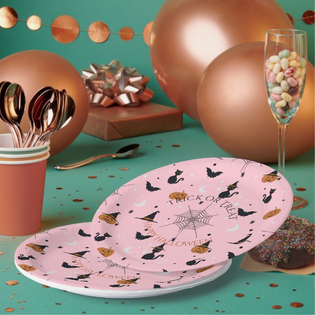 Assiettes En Carton Amusant Éffrayant Halloween rose (Multi)