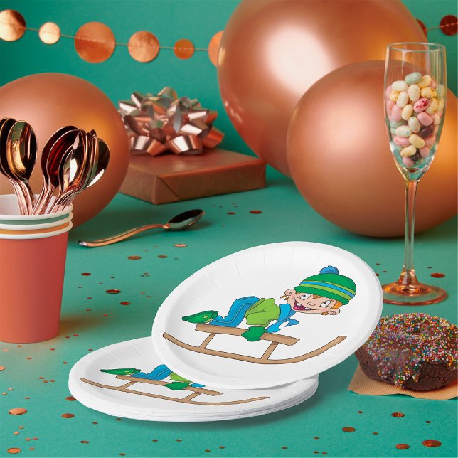 Assiettes En Carton Amusant Hiver Sledding Boy mignonne Snow Adventure (Créateur téléchargé)