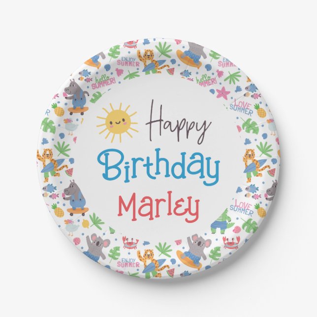 Assiettes En Carton Amusement au Sun Beach Animal Joyeux anniversaire (Devant)