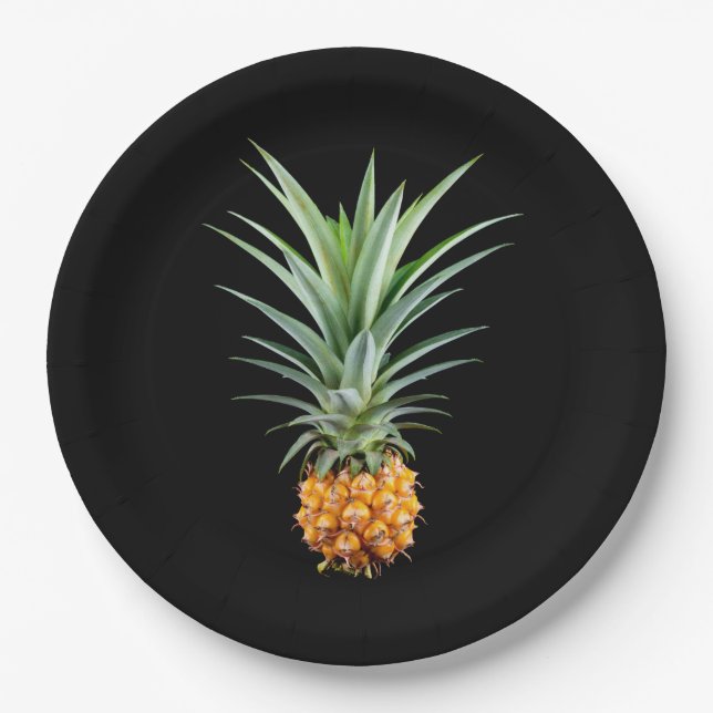 Assiettes En Carton Ananas avec grande coiffure sur arrière - plan noi (Devant)
