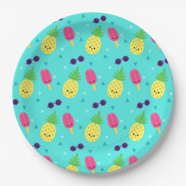 Assiettes En Carton Ananas, crème glacée et lunettes de soleil  (Devant)