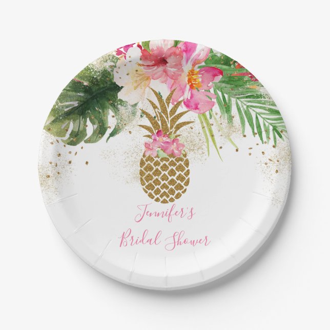 Assiettes En Carton Ananas Fête des mariées florale tropicale (Devant)