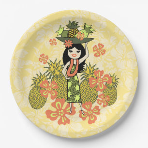Assiettes En Carton Ananas Luau Hawaiian Hula Girl