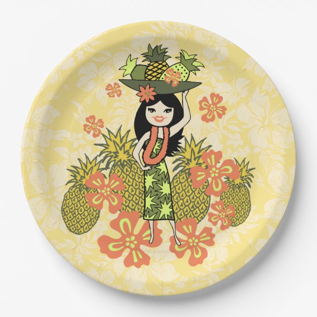 Assiettes En Carton Ananas Luau Hawaiian Hula Girl (Devant)