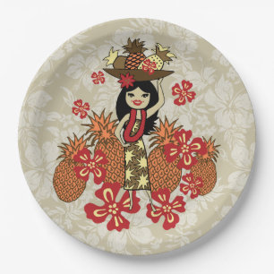 Assiettes En Carton Ananas Luau Hawaiian Hula Girl