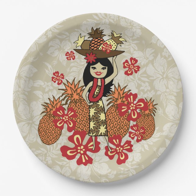 Assiettes En Carton Ananas Luau Hawaiian Hula Girl (Devant)