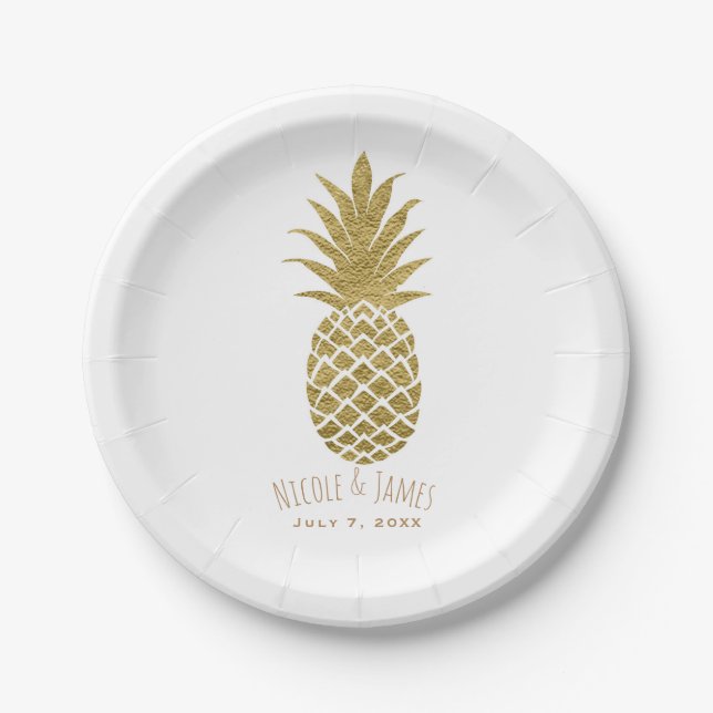 Assiettes En Carton Ananas Or Blanc Moderne Chic Tropical Party (Devant)