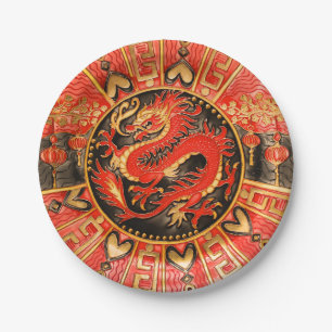 Assiettes En Carton Ancien Dragon chinois traditionnel Rouge Or Or