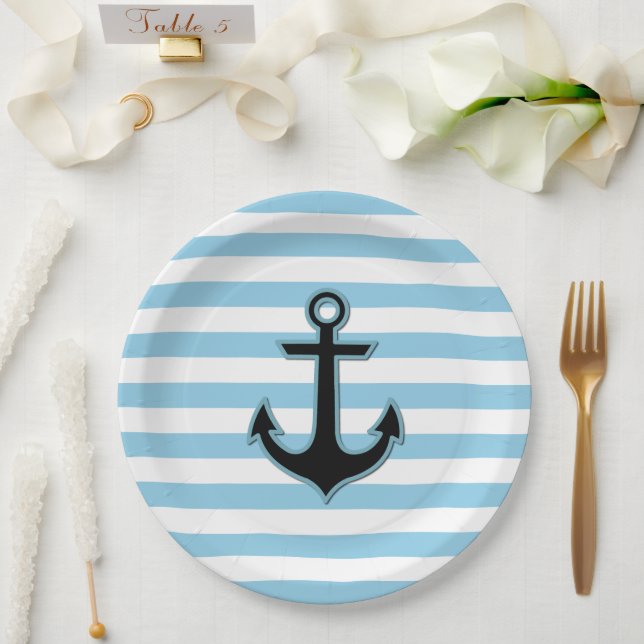 Assiettes En Carton Ancre Bleue, Ancre Bateau, Ancre Navire, Rayures (Mariage)