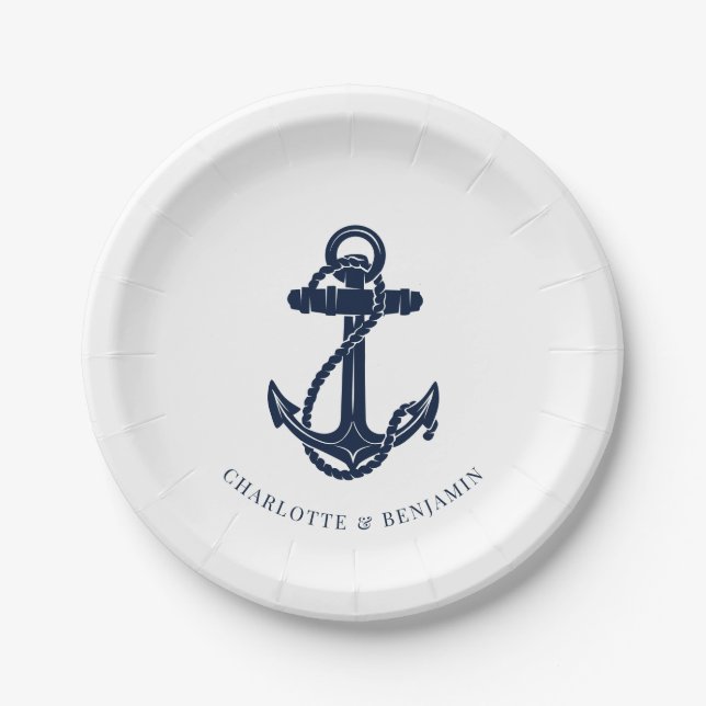 Assiettes En Carton Ancre bleue marine Mariage côtier (Devant)