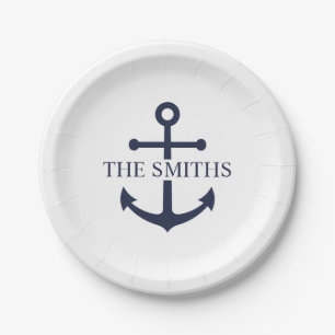 Assiettes En Carton Ancre bleue marine Nom de famille personnalisé