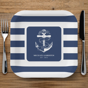 Assiettes En Carton Ancré dans l'amour Ancre bleu marine rayé