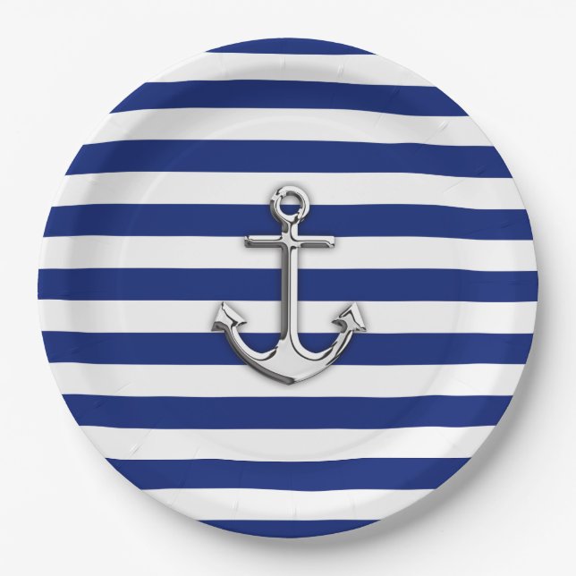Assiettes En Carton Ancre de chrome sur la copie nautique de rayures (Devant)