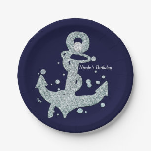Assiettes En Carton Ancre de diamant nautique Bling Glam Party de plag