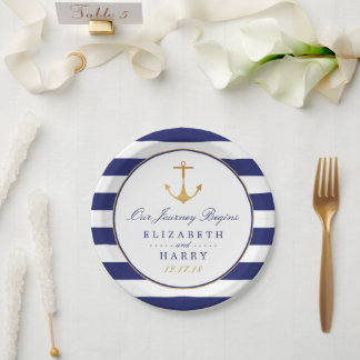 Assiettes En Carton Ancre d'or nautique vintage, marine et Mariage d'o